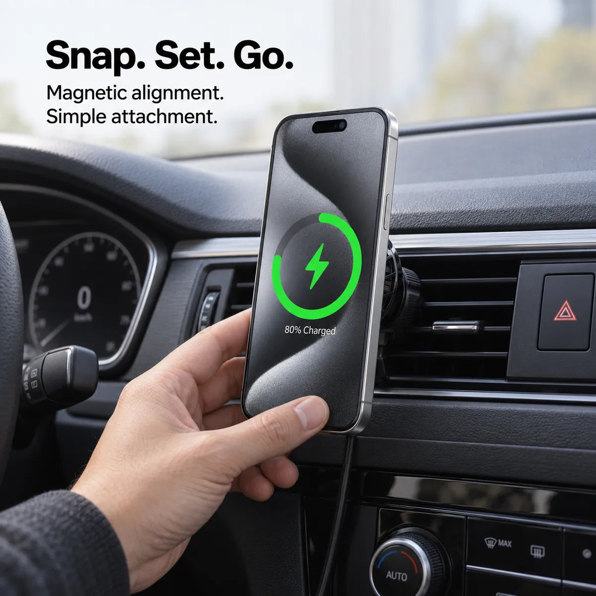 A hand placing a Burgundy phone on a black magnetic vent charger, with softly blurred Burgundy wallpaper, a green charging indicator and snap-on attachment text. #color_Midnight Black