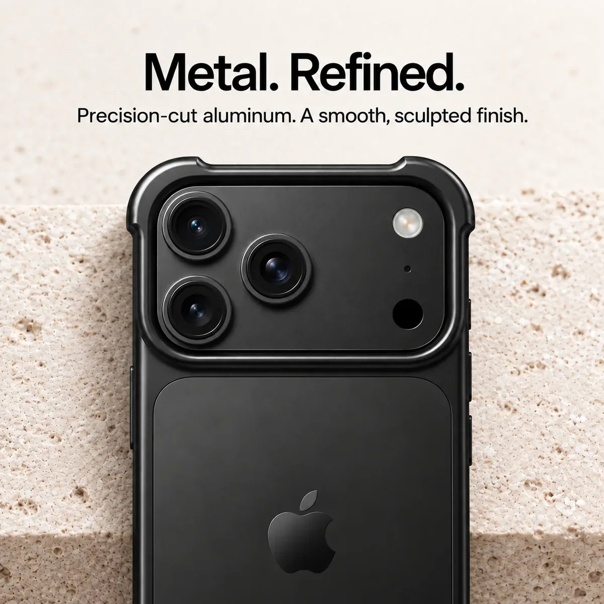 Black metal phone bumper in a close-up of the sculpted camera surround #color_Midnight Black
