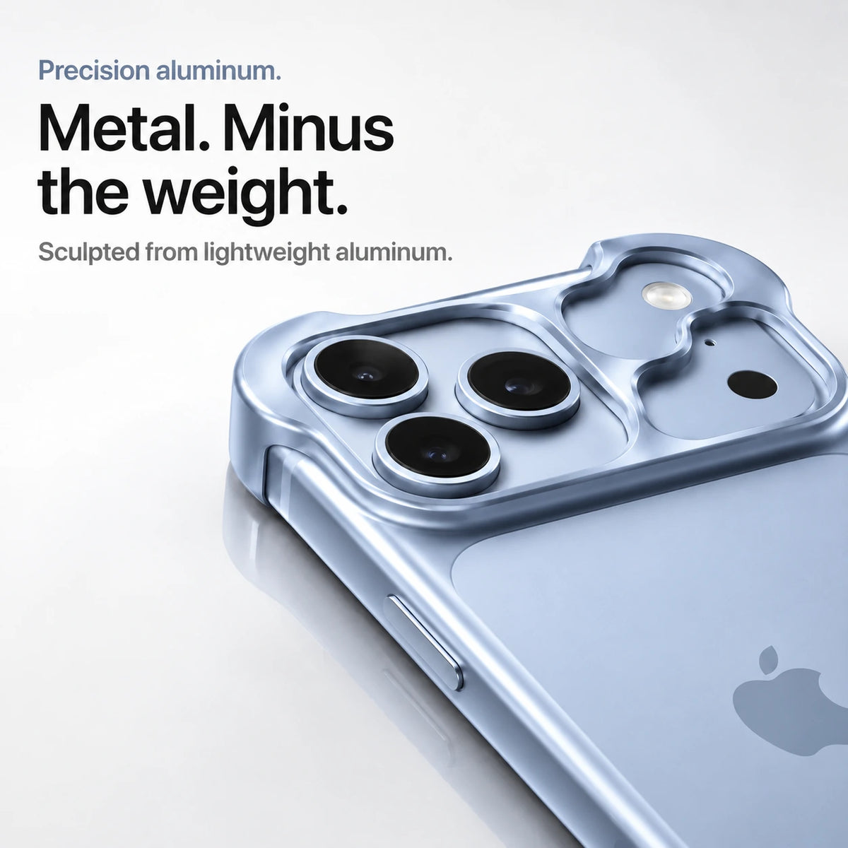 Glacier sculpted metal phone case showing a close view of its sculpted camera guard #color_Glacier