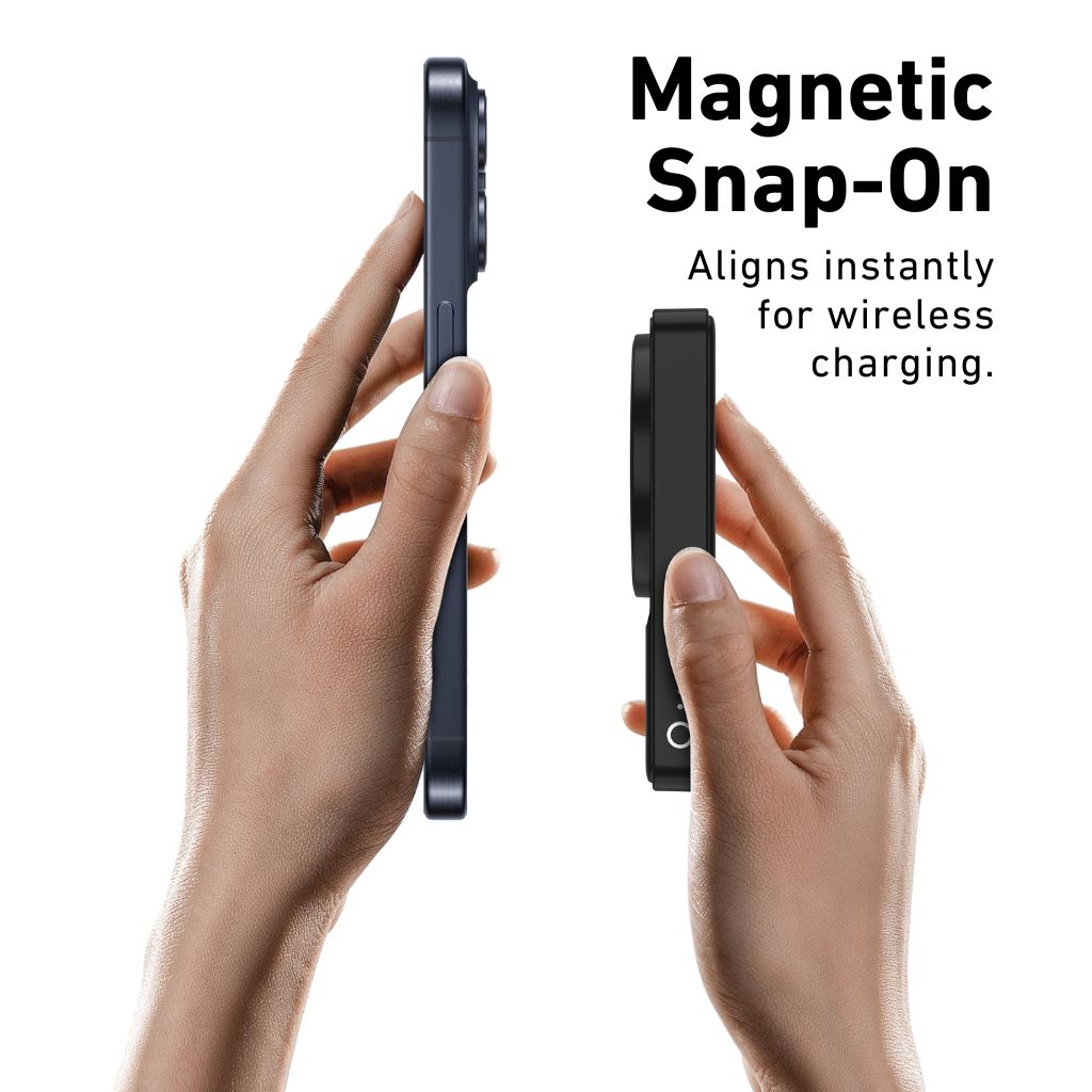 Magnetic snap-on device being aligned by hands with text indicating wireless charging capability.