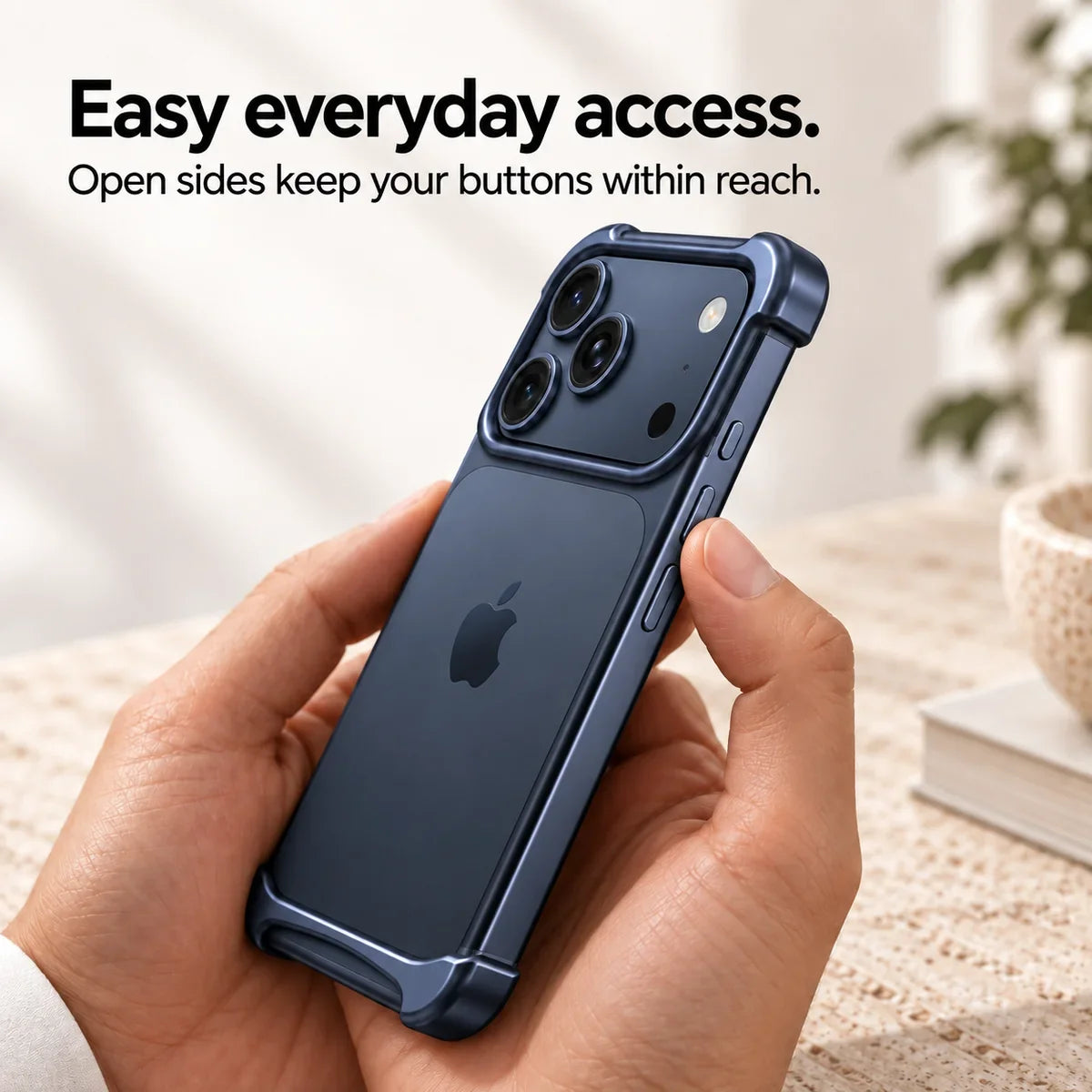 Dark blue metal phone bumper held in hand showing access to the side buttons #color_Deep Blue