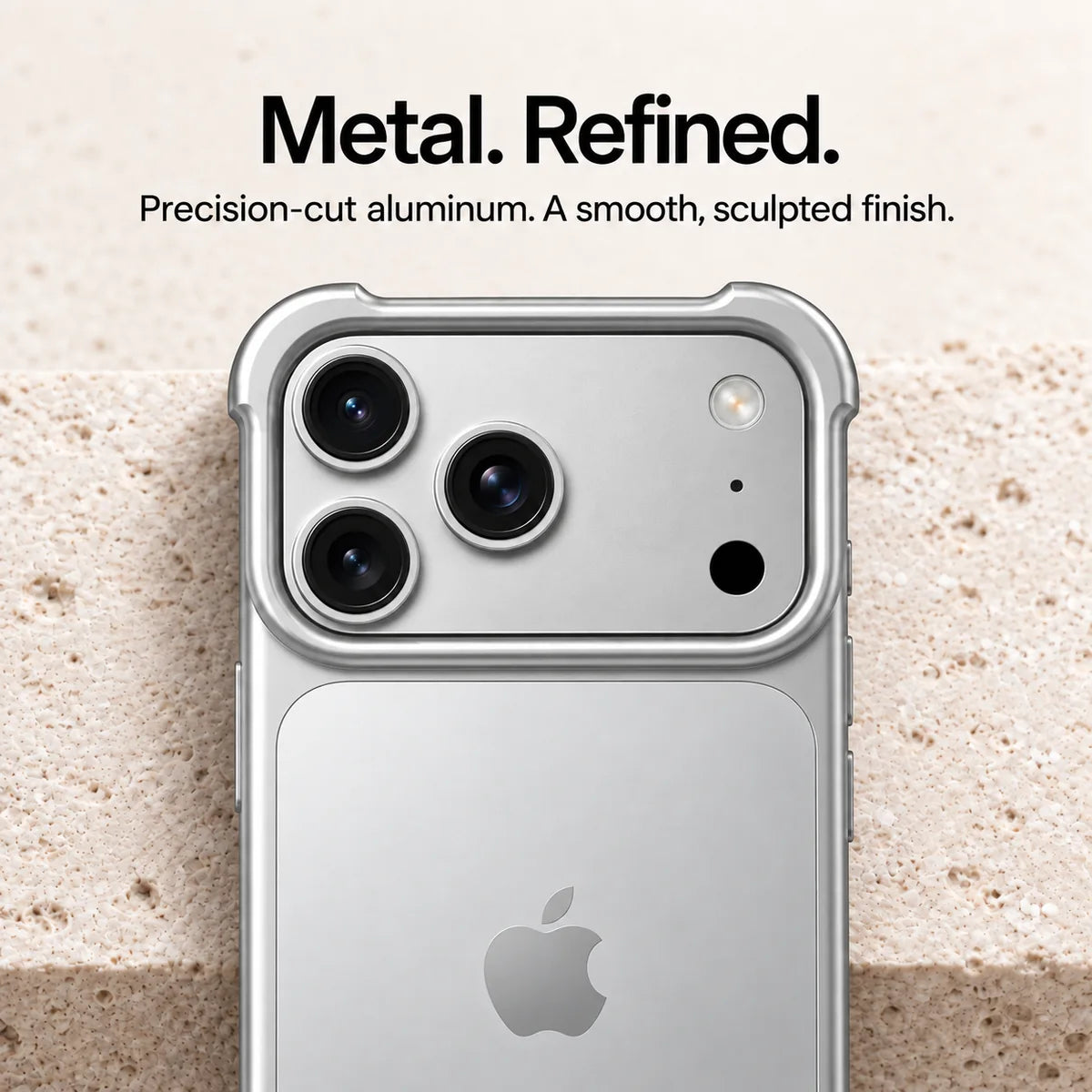 Silver metal phone bumper in a close-up of the sculpted camera surround #color_Titanium Silver