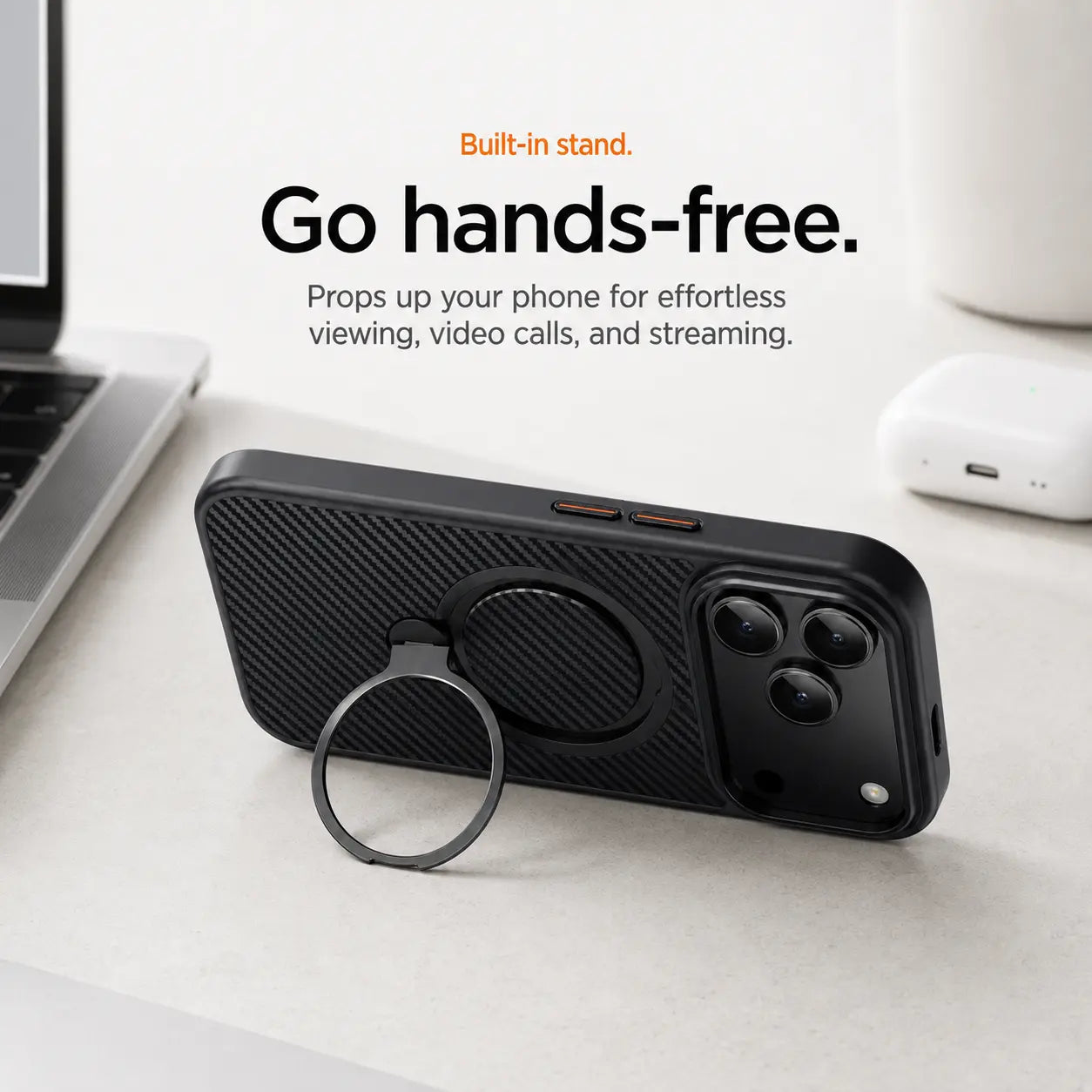 iPhone case with rotating kickstand for hands free viewing