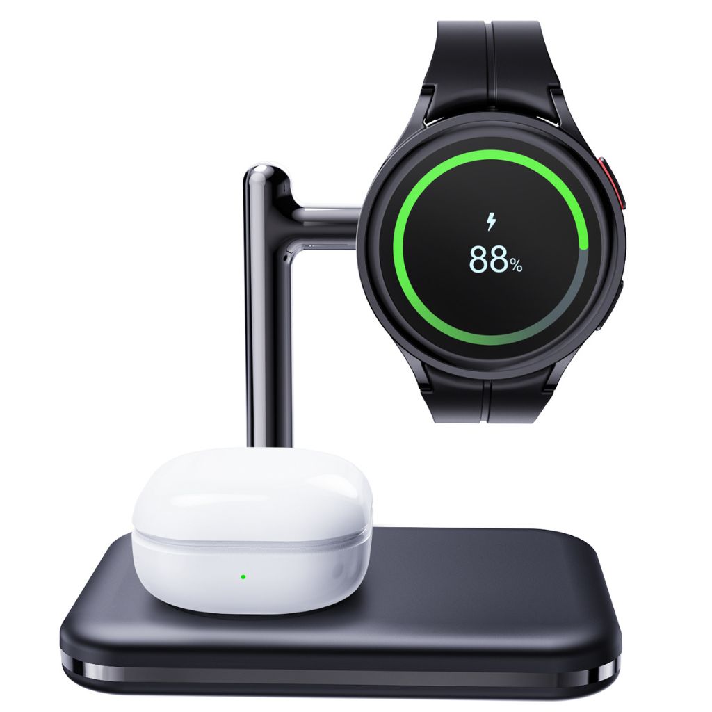 2-in-1 wireless charger for Samsung Galaxy Watch and Buds, fast charging station, compact and portable, foldable design, adjustable angles, compatible with Galaxy Watch 5, 5 Pro, 4, 4 Classic, 3, 3 Classic, Active 2, Active 1, and Galaxy Buds 2, 2 Pro, Pro, Live, Type-C input, overcharge protection, suitable for desk and travel use.