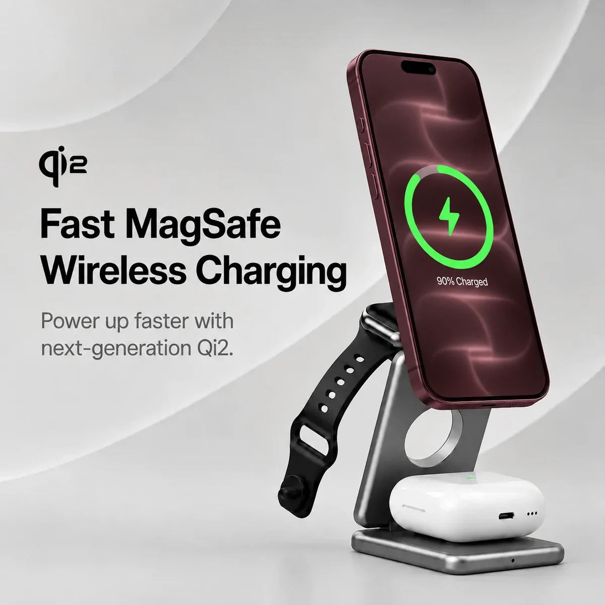 Foldable 3-in-1 Apple charger designed for compact travel charging.