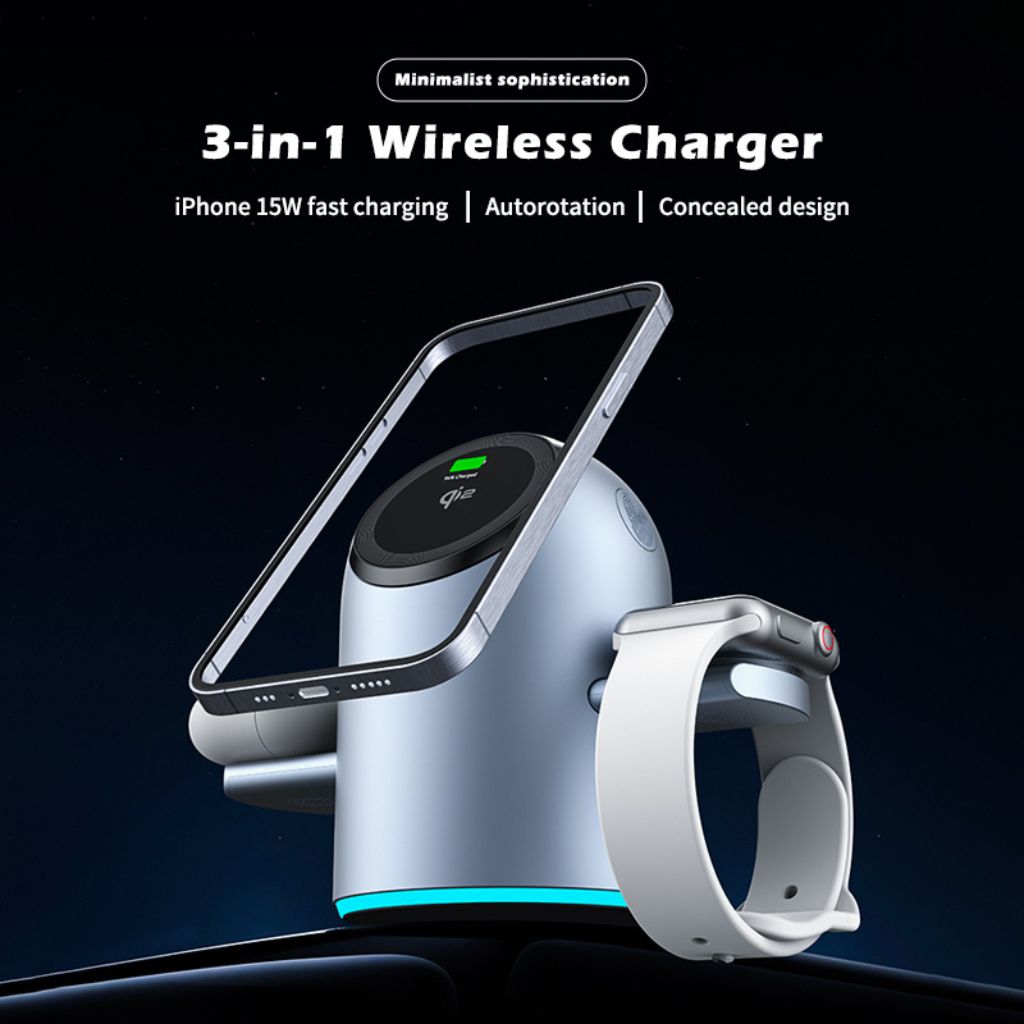 3-in-1 Magnetic Charger with Qi2 & Auto-Rotation for Apple