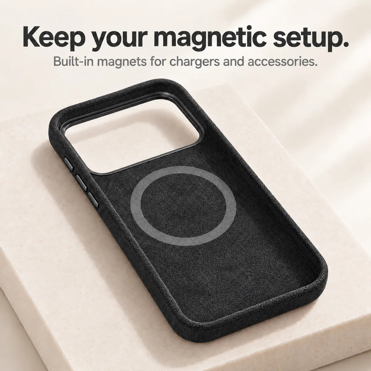 Black fabric phone case interior showing the circular magnetic ring. #color_Midnight Black