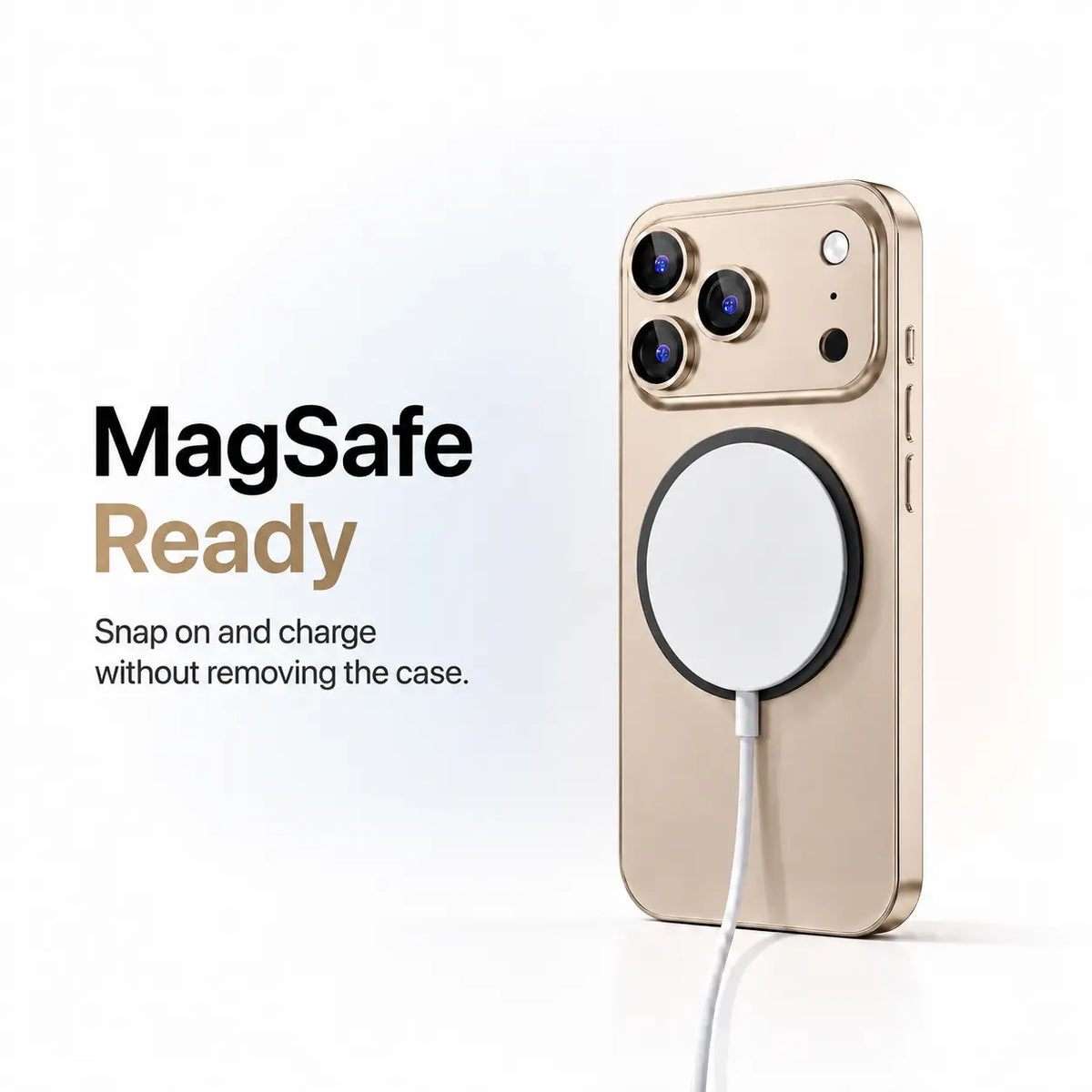 Desert gold metal phone case attached to a round white magnetic wireless charging puck #color_Desert Gold
