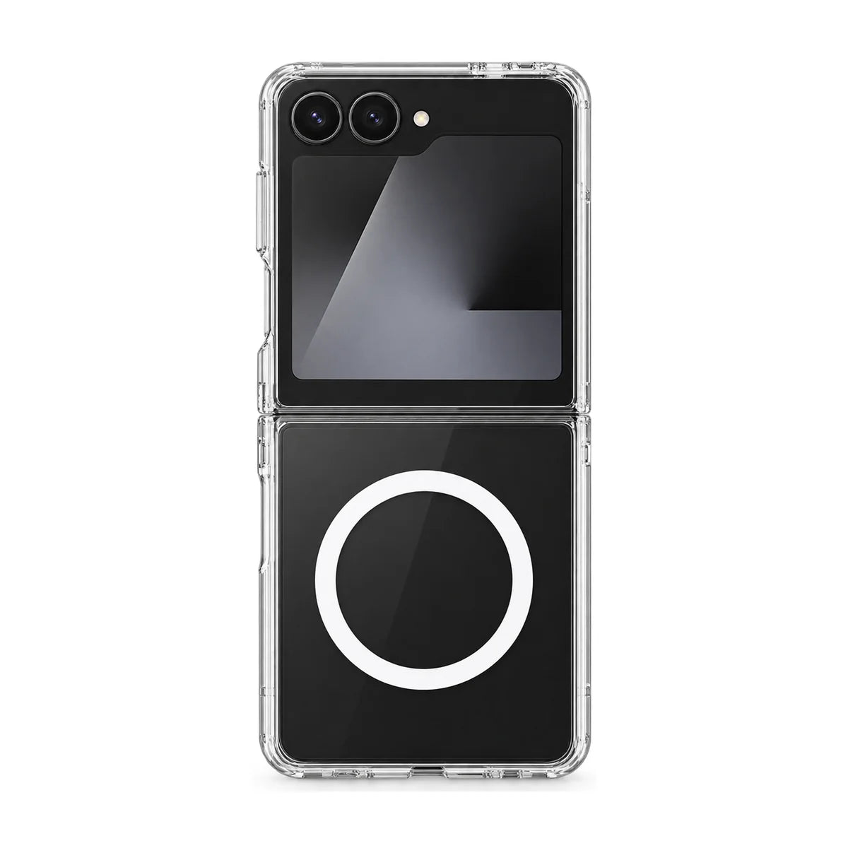 Clear magnetic phone case fitted to a folding handset, showing its rear cameras and cover display. #Samsung Model_Samsung Z Flip 7 FE