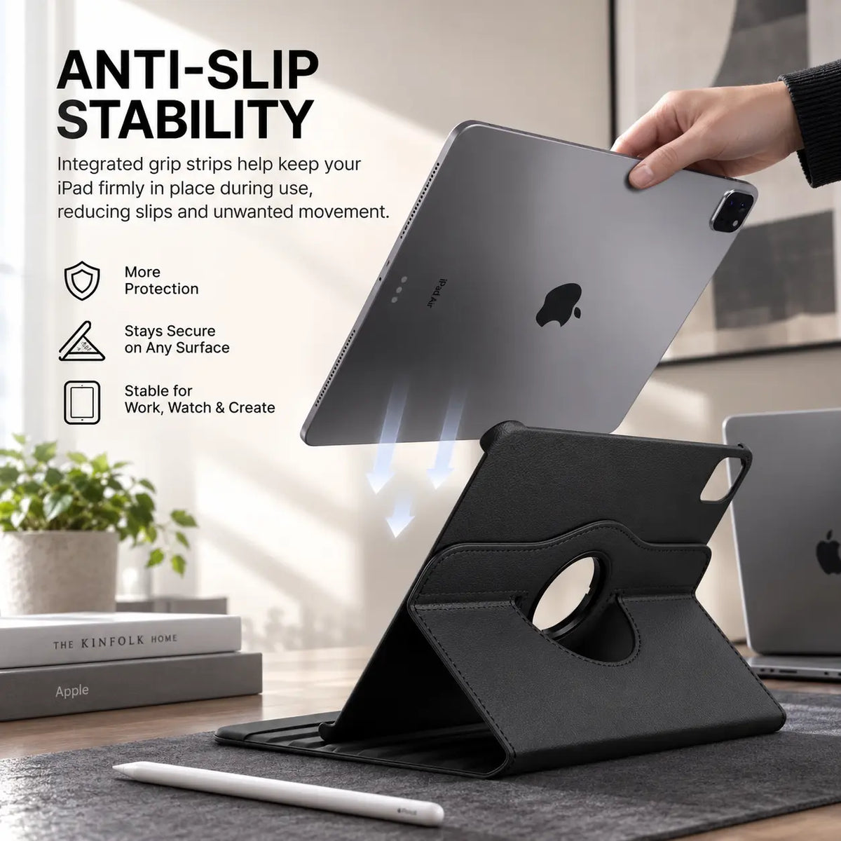 Midnight Black rotating tablet folio case with an anti slip tablet holder #color_Midnight Black