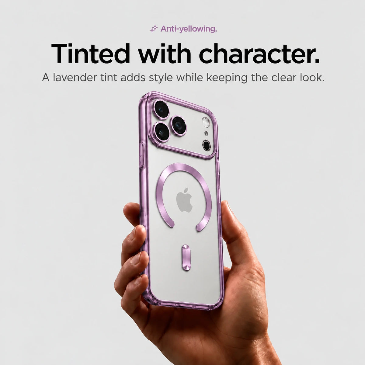 Lavender tinted magnetic phone case held upright in one hand #color_Lavender