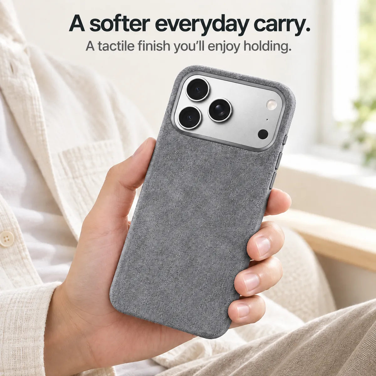 Light gray fabric phone case held in one hand, showing its textured back. #color_Mist Gray