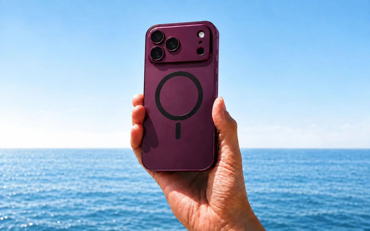 MagCase Metal in the matching Burgundy finish by the sea