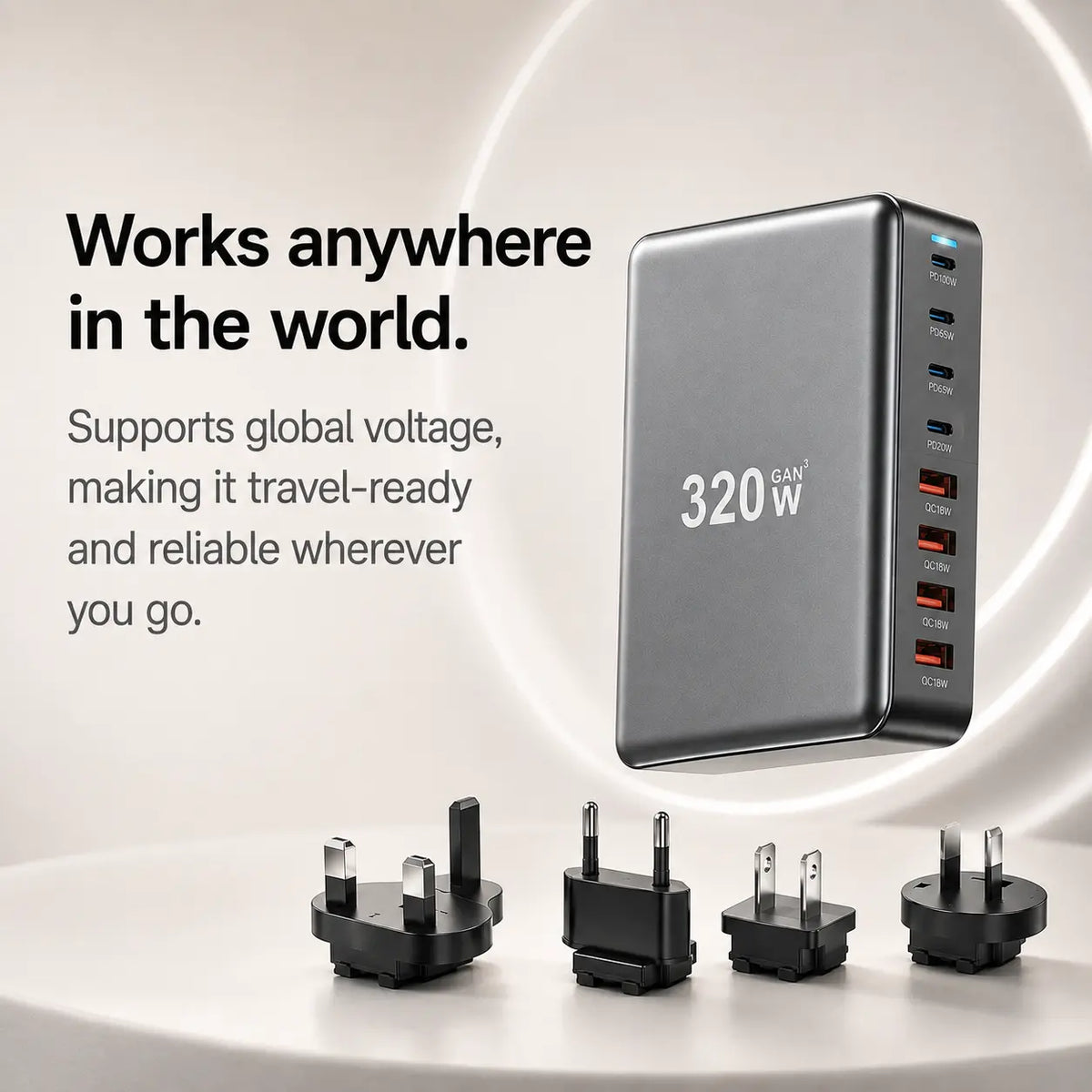 PowerHub 320W GaN charger with interchangeable international plugs