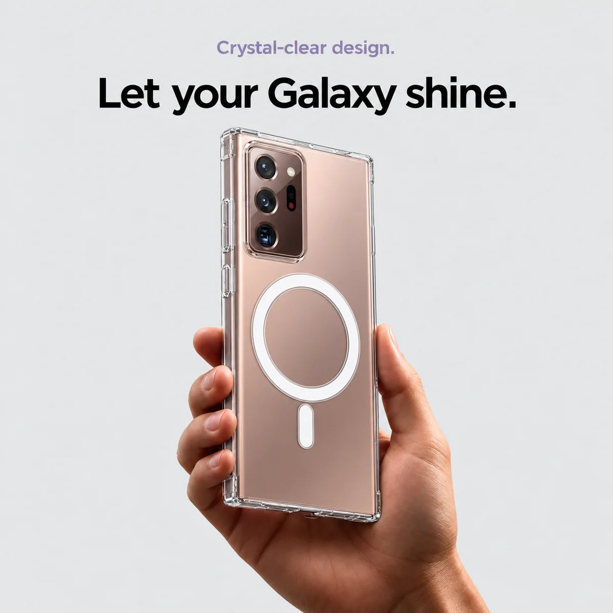Clear magnetic phone case held at an angle, showing its transparent back and camera openings. #Samsung Model_Samsung Note 20 Ultra
