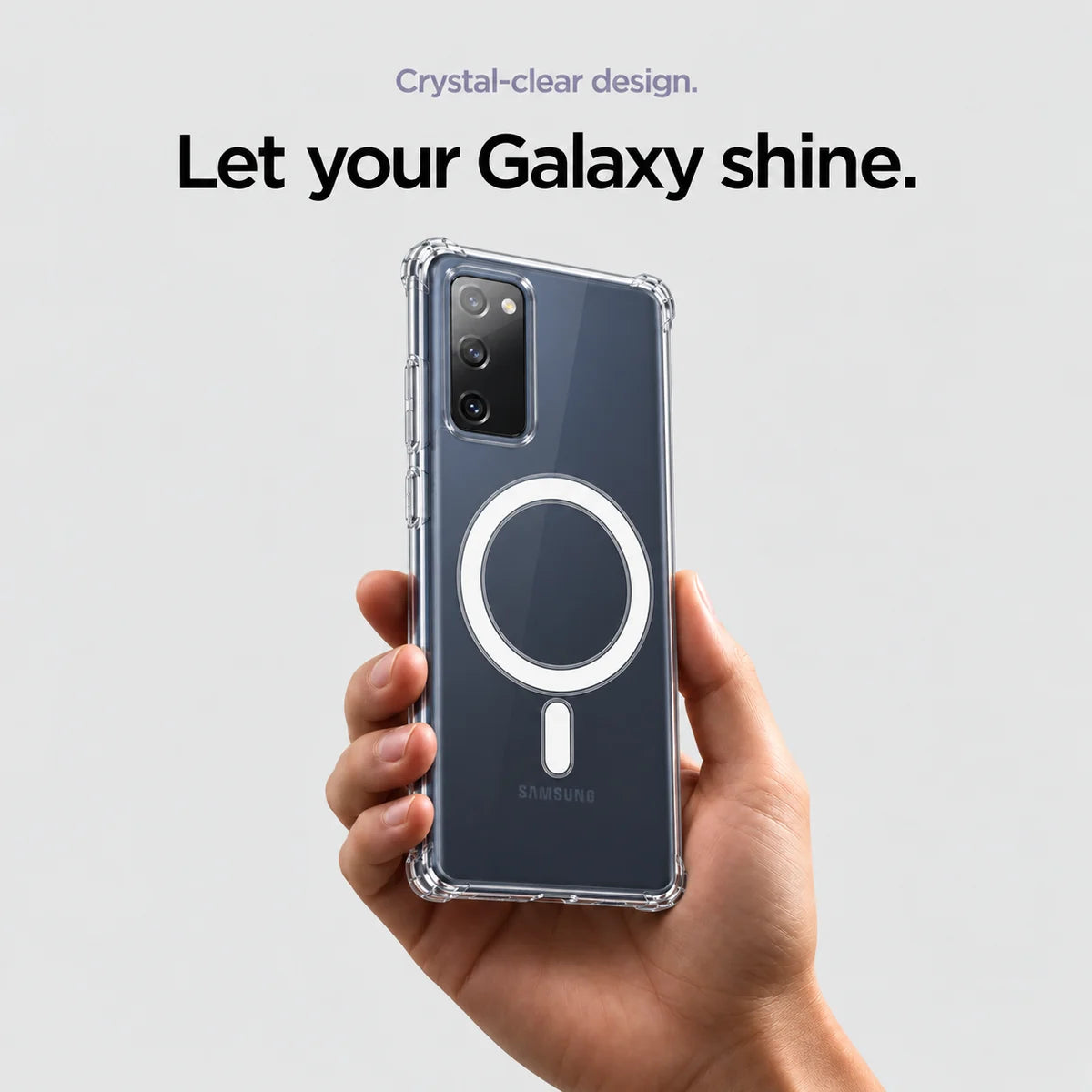 Clear magnetic phone case held at an angle, showing its transparent back and camera openings. #Samsung Model_Samsung S20 FE