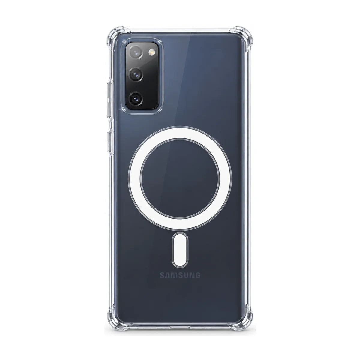 Clear magnetic phone case fitted to a handset, showing the rear cameras. #Samsung Model_Samsung S20 FE