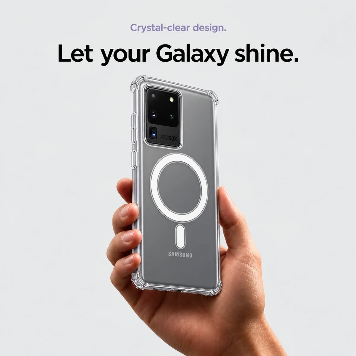 Clear magnetic phone case held at an angle, showing its transparent back and camera openings. #Samsung Model_Samsung S20 Ultra