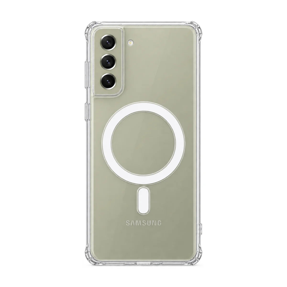 Clear magnetic phone case fitted to a handset, showing the rear cameras. #Samsung Model_Samsung S21 FE
