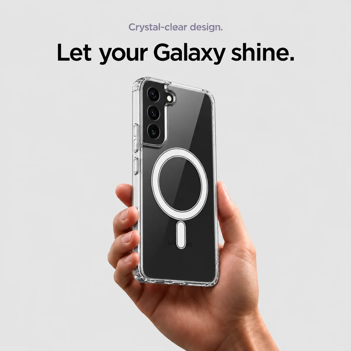 Clear magnetic phone case held at an angle, showing its transparent back and camera openings. #Samsung Model_Samsung S22