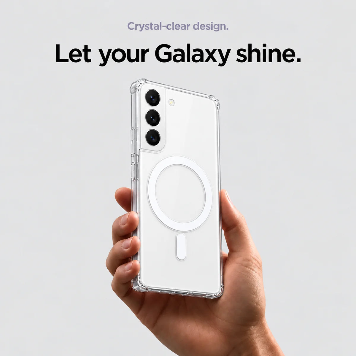 Clear magnetic phone case held at an angle, showing its transparent back and camera openings. #Samsung Model_Samsung S22+