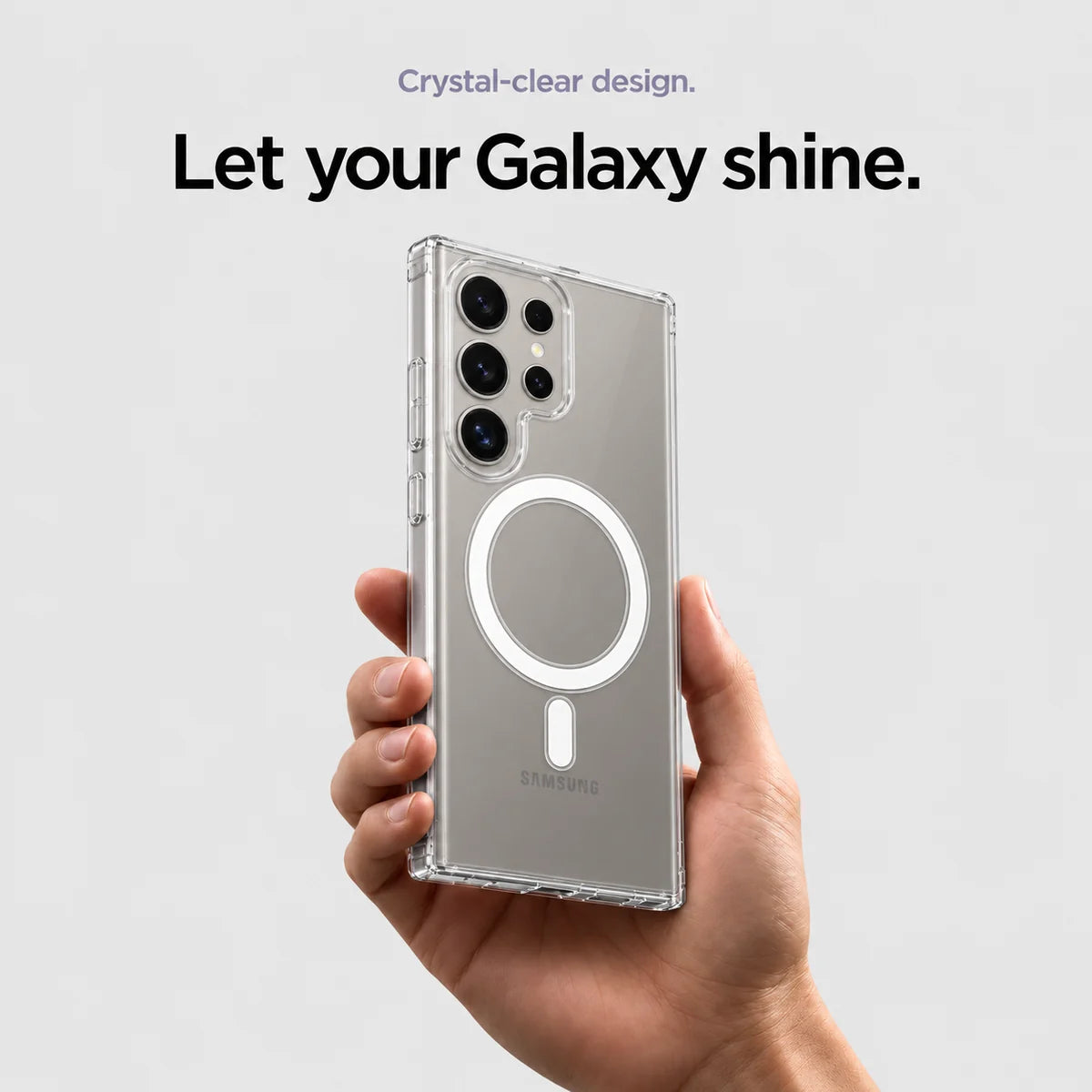 Clear magnetic phone case held at an angle, showing its transparent back and camera openings. #Samsung Model_Samsung S24 Ultra