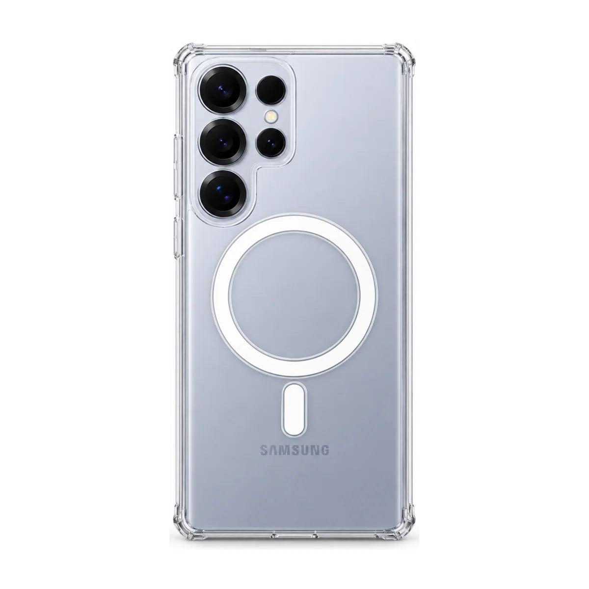Clear magnetic phone case fitted to a silver blue handset, rear view. #Samsung Model_Samsung S25 Ultra