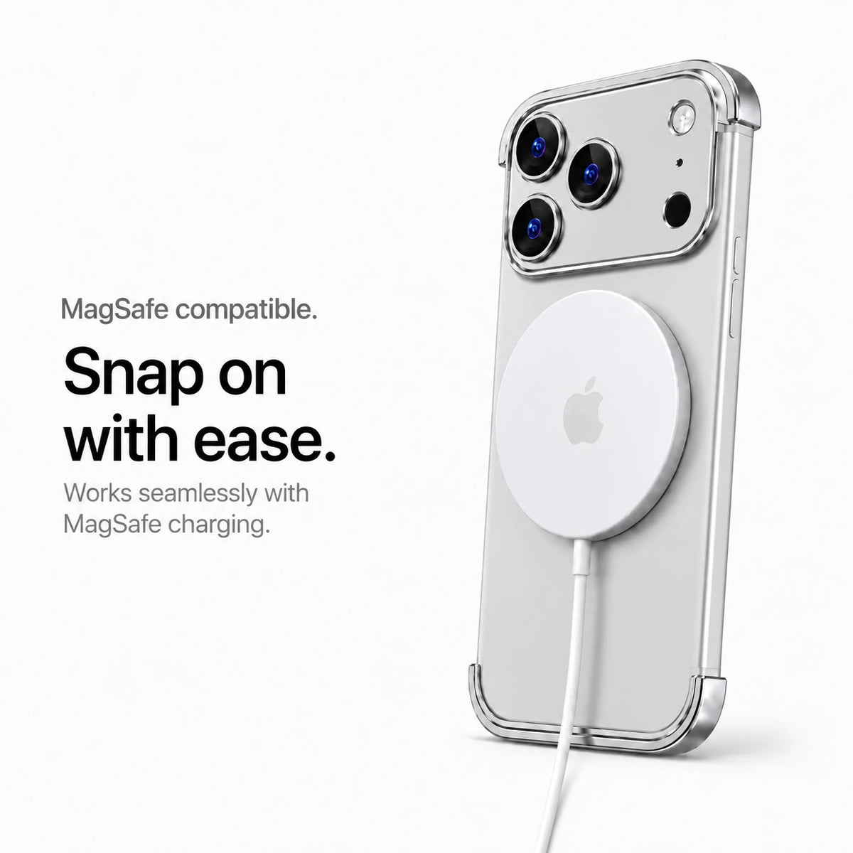 Silver gray minimal metal phone case connected to a white wireless charging puck #color_Titanium Gray