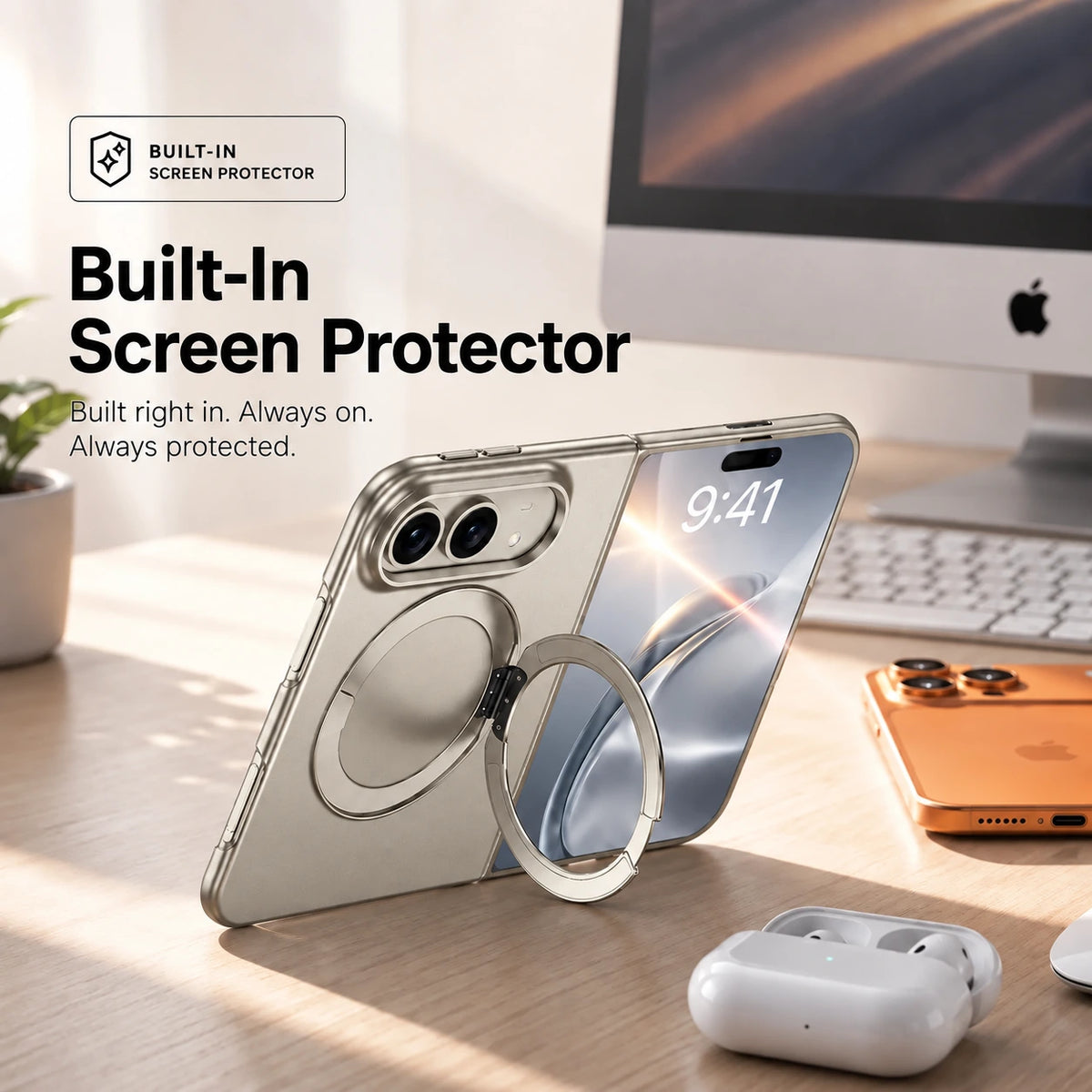 Titanium gray folding phone case shown from front and rear with its built-in screen protector #color_Titanium Gray